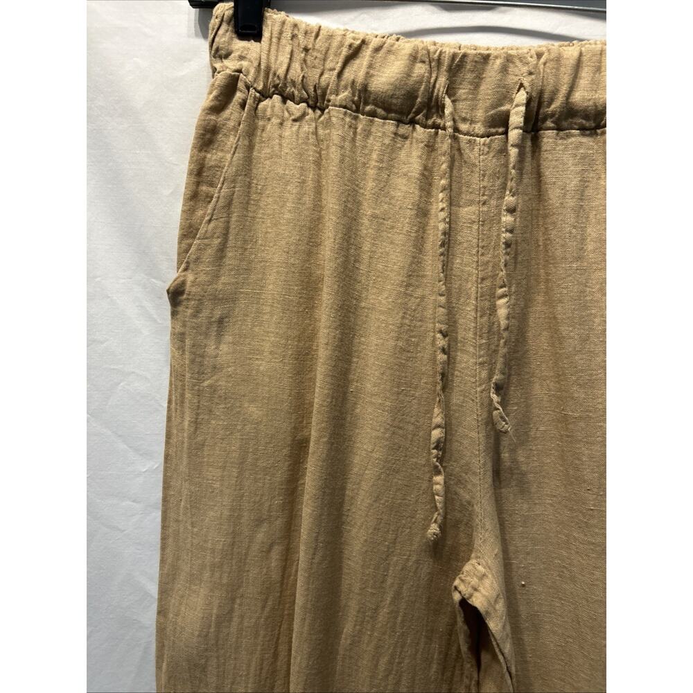 JS Millenium Pants 30” Elastic Waist Beige Wide Leg 100% Linen Italy Raw Hem - Picture 5 of 8